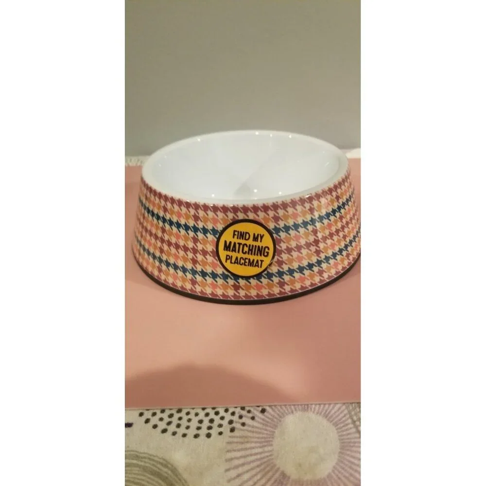 Pink Houndstooth Pet Dish and Placemat Set